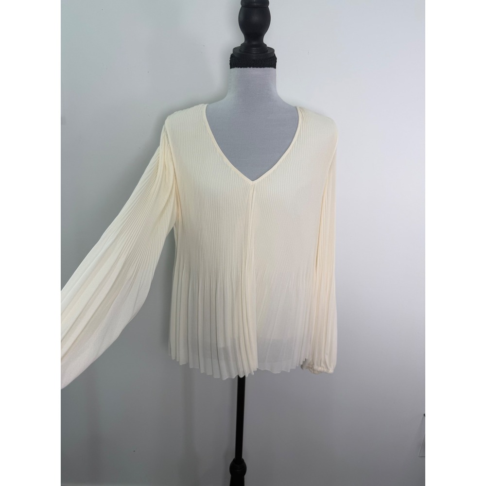 Quince Womens Ivory Micro-Pleated V-Neck Long Sleeve Blouse Top XS Cream CMA01